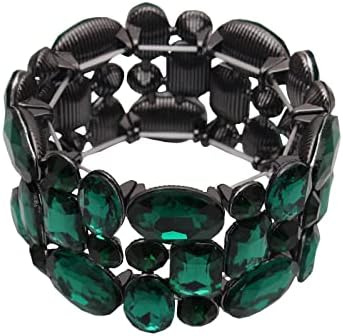 Enrwin Women’s Wedding Bridal Crystal Leaf Flower Stretch Bangle Elastic Wide Bracelet Jewelry for Brides Bridesmaid (Emerald-Jet Plated, Alloy)