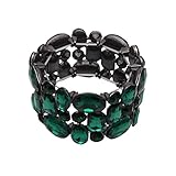 Enrwin Women’s Wedding Bridal Crystal Leaf Flower Stretch Bangle Elastic Wide Bracelet Jewelry for Brides Bridesmaid (Emerald-Jet Plated, Alloy)