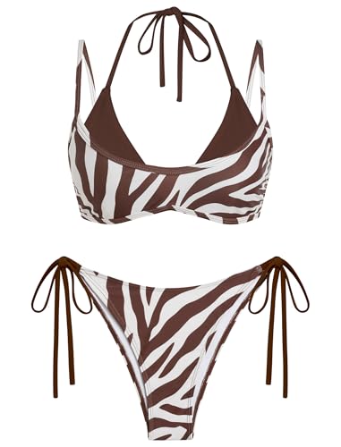 Image of ZAFUL Women's Polka Dot Bikini Set Double Layer Halter Swimsuit Colorblock Side Tie 2 Piece Bathing Suit