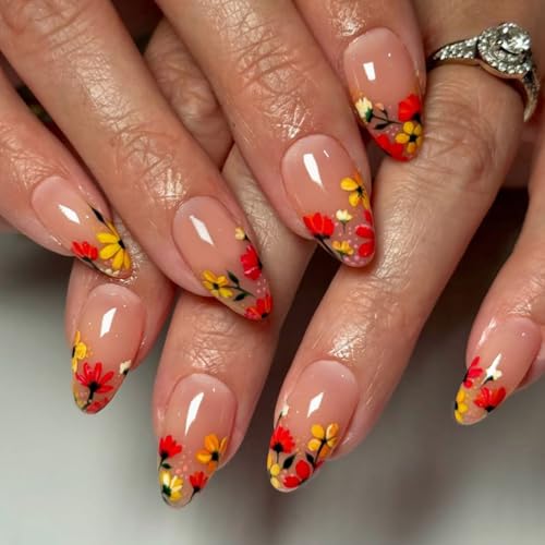 Spring Press on Nails Short Almond Fake Nails Press ons Nail Tips Kit YEFIUO Flower French False Nails Artificial Acrylic Glue on Nails Winter Floral Glossy Stick on Nails for Women Manicure 24Pcs