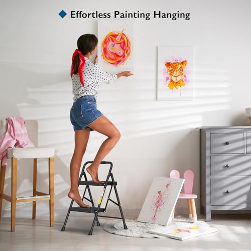 image for BONTEC 2-Step Ladder, Folding Step Stool, 600lbs Max Load Capacity, St