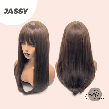 Miniatura 7 de JASSY - Peluca de cabello largo natural liso marrón con flequillo completo, para usar y llevar, sin pegamento, pelucas sintéticas naturales para uso