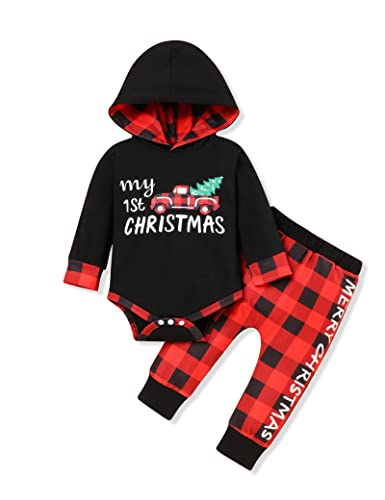 Image of My 1st Christmas Infant Baby Boy Outfits Set Newborn Boy Hoodies Sweatshirt Red Plaid Romper+Pant clothing Set