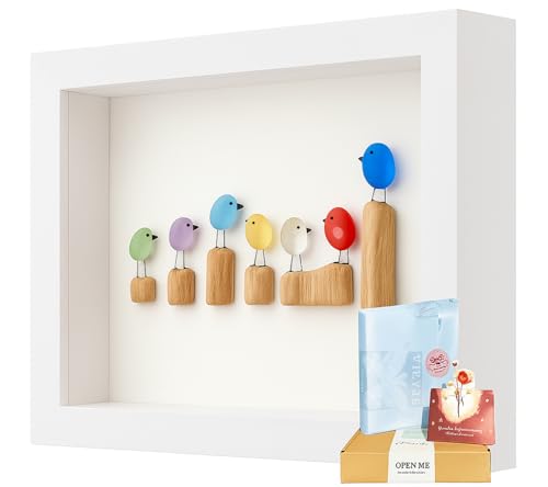 UQRUI Sea Glass Birds on a Branch Wall Art Rainbow Coastal Beach Seaglass Bird on Twig Artwork Picture Frame Friendship Decor for Home Wall Hanging (White-7 Birds)