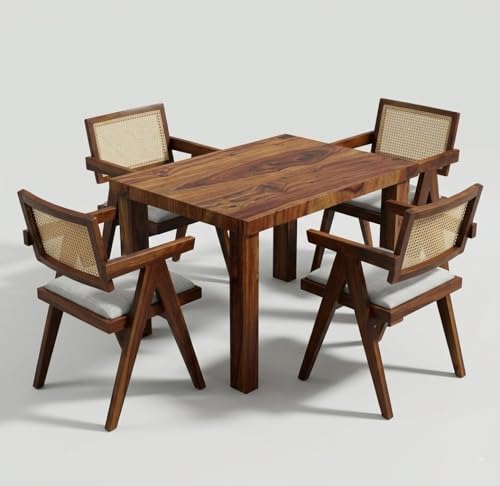 Image of Dining Table Set of 4, Wood 4 Seater Dining Table with Chair | Wooden Dining Table 4 Seater for Living Room || Folding Dining Table || Dining Room Furniture || Cane Chairs for Balcony Honey Finish