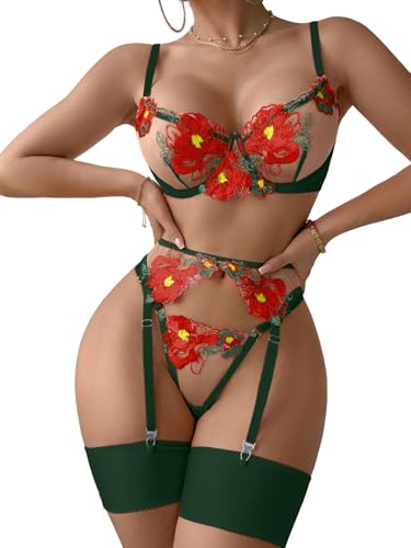 Image of Lilosy Sexy Leaf Floral Embroidered Mesh Sheer Women Underwire Push Up Lingerie Set