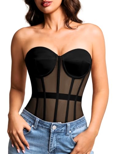 Kaei&Shi Sheer Mesh Overbust Corset,Sexy Strapless Lace Up Satin Bra Corsets Top For Women Shapewear