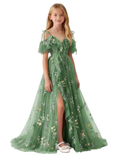 WDCVGTR Lace Applique Junior Bridesmaid Dresses for Wedding Dark Green