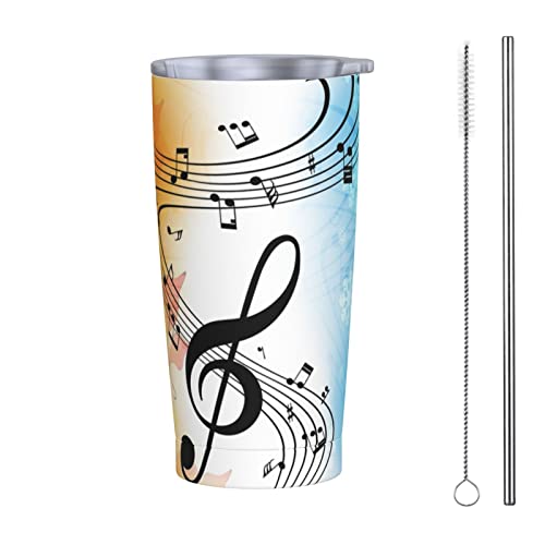 FJAUOQ Vaso de 590 ml con tapa y popote, música de fondo otoñal aislada al vacío, taza de café helado, reutilizable, botella de agua de acero inoxidable