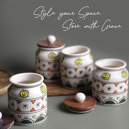 Image of Ceramic Jar & Container for Kitchen Storage Set | Multi Utility Air Tight Kitchen Organizer Items | Tea Coffee Sugar Containers with Wooden Lids (Hand-Painted, 450 ML, Pack of 4)