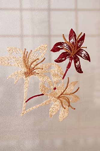 Image of (5 Ft Tissue Curtain with Embroidery 3 Flower Design|Grommet Curtains Window Curtain| Window Single Curtain Golden&Red for Home 152L X 121W Centimeters