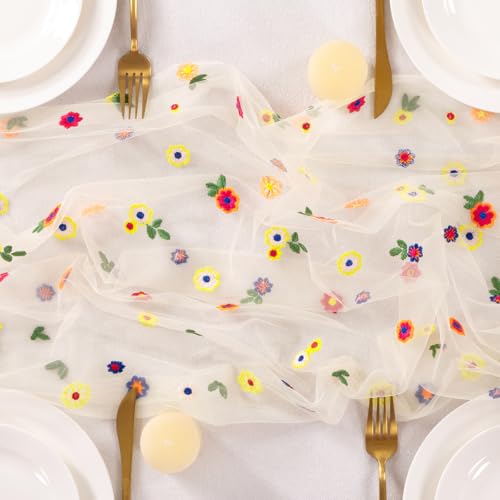 Image of MLMC Spring Floral Table Runner 10ft Seasonal Tulle Daisy Embroidery Table Runner Colorful Flower Holiday Kitchen Dining Table Decoration for Wedding Home Tea Party Outdoor Picnic Decor
