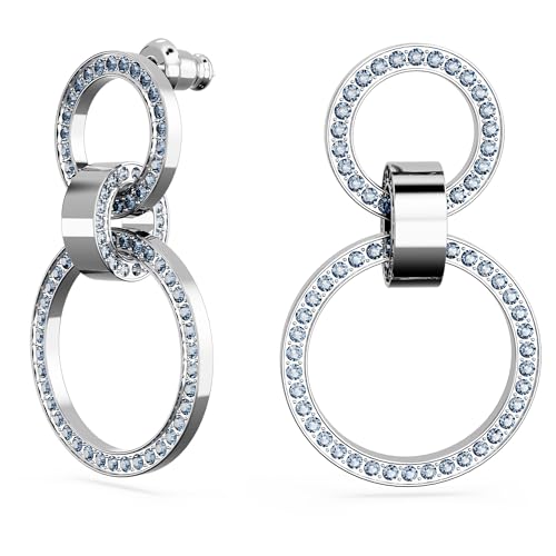 Swarovski Hollow Orecchini A Cerchio, Con Anelli Intrecciati E Pavé Di Cristalli Swarovski A Taglio Rotondo, Placcatura In Tonalità Rodio, Blu - 2