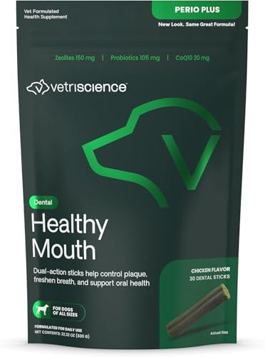 VetriScience Healthy Mouth Dental Chews, Perio Plus Sticks for Dogs, with Probiotics, Spirulina & Zeolites, Breath Freshening, Plaque & Tartar Control, Chicken, 30 Count