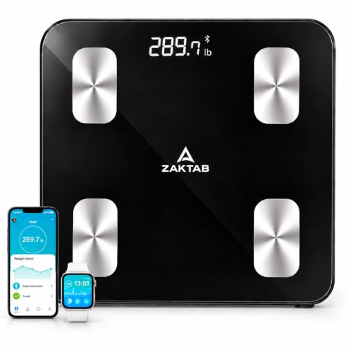ZAKTAB Bluetooth Personenwaage mit BMI, Körperfett, Muskelmassenanalyse - 180 kg Kapazität, Körperwaage mit LED-Anzeige, Auto-Off, gehärtetes Glas