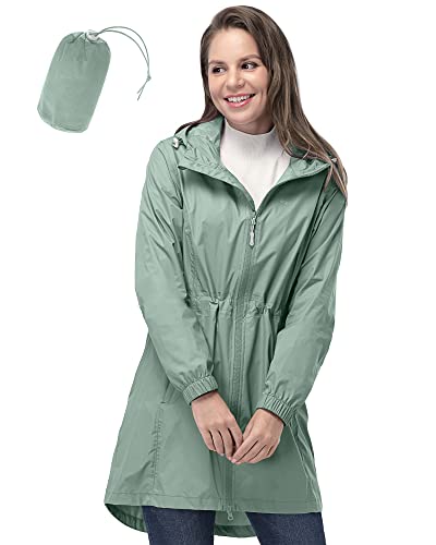 33,000ft Women's Rain Jacket Lightweight Hooded Long Rain Coat Waterproof Jacket Ladies Packable Functional Jacket Windbreaker Breathable Active Outdoor Coats Ice Green S/10