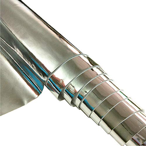 ZAIONE Smooth Mirrored Plain Faux Leather Fabric 8” x 53” (21cm x 135cm) Roll Glossy Shiny Metallic Leather Vinyl Fabric for Shoes Bag Bows Earrings Making Material DIY Craft (Silver)
