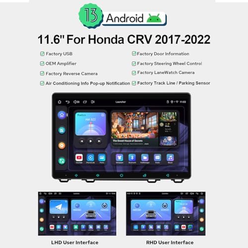 JOYING 혼다 CRV 2017-2022용 자동차 라디오, 무선 카플레이 및 안드로이드 오토, 11.6인치 IPS 터치 스크린 스테레오 안드로이드 13 헤드 유닛 8GB+128GB 블루투스, 5G Wi-Fi, GPS, 미러 링크(JY-HT114N8) — 사진 2