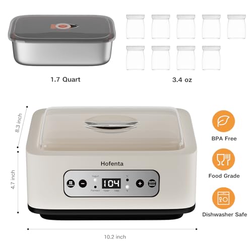 Hofenta 1.7 Quart Yogurt Maker with Stainless Steel Bowl, 9 Glass Jars, Digital Timer, Temperature Control, BPA-Free, Easy-to-Use, Family-Sized for Homemade Probiotic Yogurt, Dishwasher Safe - Thumbnail 4
