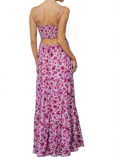 Image of Womens Summer Floral Spaghetti Strap Backless Low Cut Smocked Milkmaid Flowy Beach Sundresses