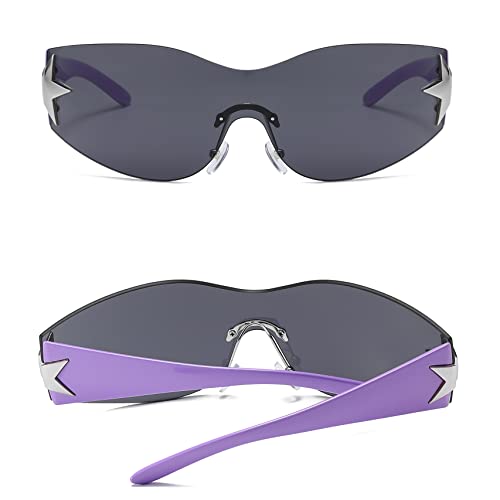 Image of Y2K Sunglasses for Women Men, 2000s Fashion Shield Wrap Around Y2K Glasses Rimless Oversized One Piece Lenses