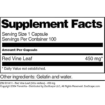 Terravita Red Vine Leaf (Vitis vinifera) - 450 mg (100 Capsules, ZIN: 511411)