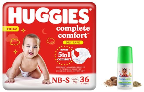 Image of Huggies Complete Comfort Dry Tape Newborn - Small (NB-S) Size Baby Tape Diapers, 36 count & Mamaearth Easy Tummy Roll On Oil for Colic & Gas Relief with Hing & Fennel Oil, 40ml (For external use)