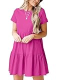 Liooil Vestido casual de verano para mujer, cuello redondo, manga corta, bonito vestido corto escalonado suelto, 1 rosa roja., S