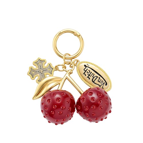 3D Cherry Keychain - Gold, Hinged Key Ring