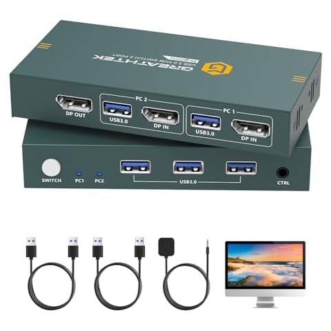 8K Displayport KVM Switch for 2 Computers 1 Monitor, 8K@60HZ 2 Port Monitor Switcher for 2 PC,with 3 USB3.0 Port Share Keyboard &Mouse,EDID Adapative Cover