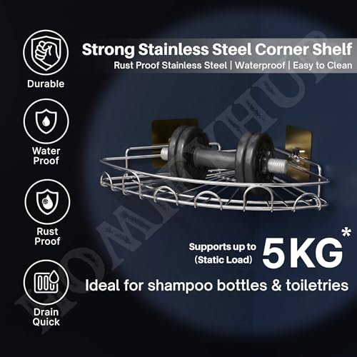 Image of Bathroom Organiser Without Drill | Adhesive Corner Shelf for Washroom Wall Hanging Corner Kitchen Sink Organizer Stainless Stee l Corner Stand for Kitchen & Bathroom (R Silver, Pack of 1)
