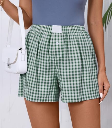 Image of Women Pajamas Shorts Y2k Elastic Waist Plaid Boxer Shorts Cute Gingham Sleep Lounge Bottoms