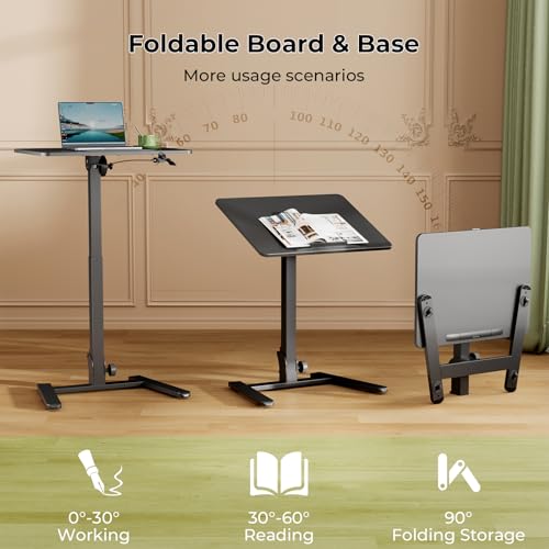 Image of Gibbon Mounts Foldable Standing Desk,Small Mobile Sit-Stand Desk with 90 Tiltable Top,Rolling Rising Laptop Workstation Adjustable Height,Portable Table on Hidden Wheels /4 Lockable Casters,Black