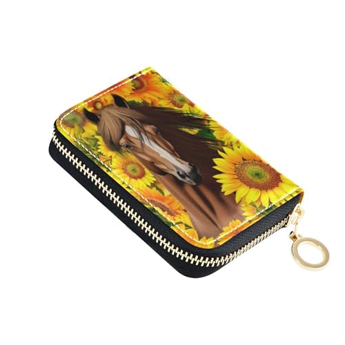 Horse Vibrant Yellow Flowers Women Wallet Zip Around Credit Card Wallets RFID Blocking Aesthetic Travel Wallet with Zipper