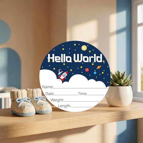 Image of Birth Announcement Sign Hello World Baby Name Wood Spaceship Theme | Round Wood Plaque with Stars & Spaceship Design, Custom Name Date Weight Length Great for Nursery Wall Baby Shower Gifts