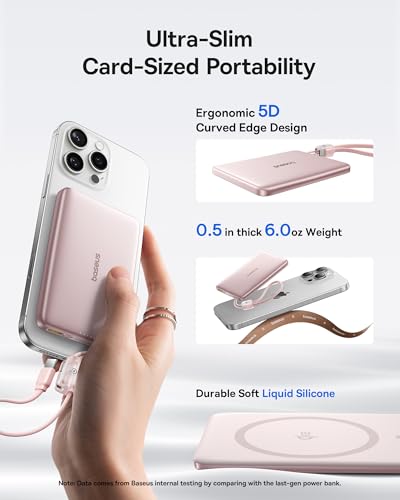 Image of Baseus Picogo Qi2 15W Magsafe Portable Charger, 0.5 inch Ultra Slim 10000mAh Wireless Power Bank with 27W Built-in USB-C Cable, Magnetic Battery Pack for iPhone 17 Pro Max /17 Pro /Air /16 /15 /14 /13 /12