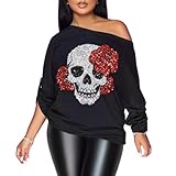 PESION Womens Off The Shoulder Tops Skull Floral Hollow Out Shirts Fashion Graphic T-Shirts Blouses, Black+ Red Skull, XX-Large
