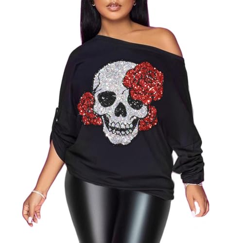 PESION Womens Off The Shoulder Tops Sexy Shiny Metallic Shirts Long Sleeves Fashion Graphic T-Shirts Blouses Black+ Red Skull X-Large