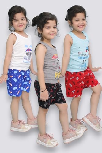 Image of Chandrika Kids Cotton Coordinated Set Pack of 3 half Sleeve And sleeveless T-Shirts & Shorts and skirt Baby Girls Summer Dress Combo