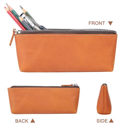 Image of Genuine Leather Pen Pouch - Elegant Handcrafted Zipper Pencil Case, Small Coin Purse, Money Bag, and Makeup Case
