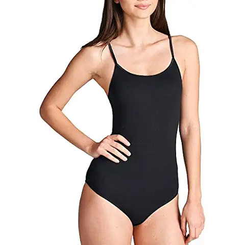 Hollywood Star Fashion Snap Crotch Thin Strap Leotard Bodysuit Camisole (Medium, Black) Cover