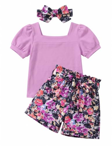 Image of Arshiner Toddler Girls 3 Piece Outfit Set Puff Sleeve Square Neck Top with Shorts and Matching Headband Summer Clothes 2T-8Y
