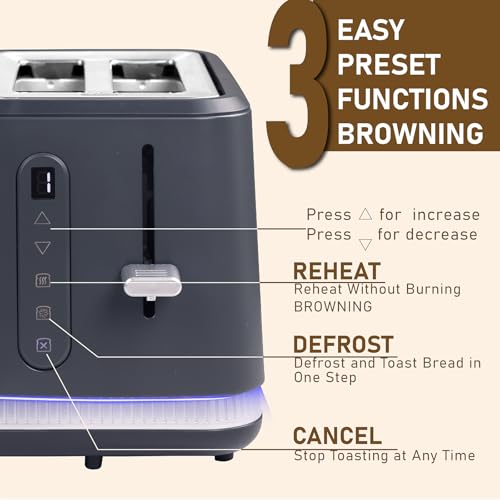 Image of Stainless Steel Toaster 2 Slices, Toasters Wide Slot, Bread Toaster with Cancel, Reheat, Defrost Function, Bagel Toasters with Removable Tray & 6 Temperature Settings, LED Display, Grey