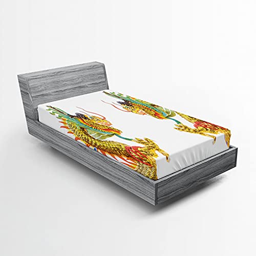 Ambesonne Dragon Fitted Sheet, Chinese Style Dragon Power Oriental Culture Theme, Bed Cover with All-Round Elastic Deep Pocket for Comfort, Twin XL Size, Green Mustard