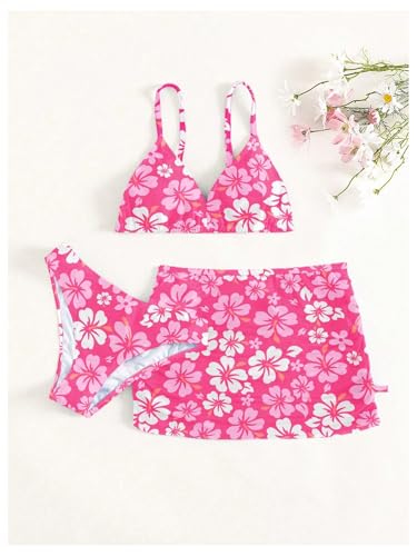Milumia Girl's Floral Print 3 Piece Bikini Set Vacation Swimsuit with Beach Skirt3