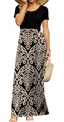 Image of DB MOON Womens 2026 Casual Summer Plus Size Maxi Dresses Short Sleeve Empire Waist Long Dress with Pockets(Black and Gold, 4XL)