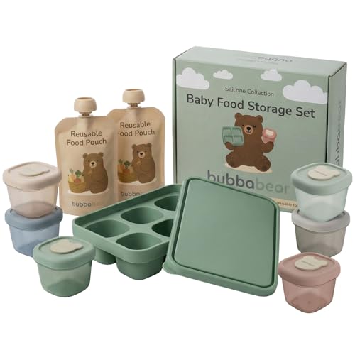Bubba Bear Baby Food Storage Containers Set | Babies Weaning Freezer Tray Reusable Pouches & Small Silicone 4oz Pots with Lids for Toddlers | Freezing Moulds Tupperware Trays for Toddler & Kids