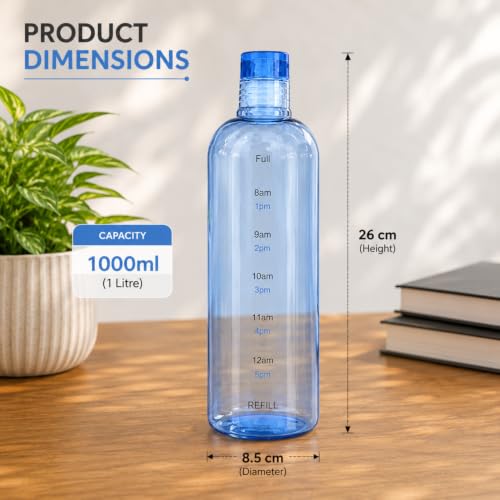 Image of Borosilicate Water Bottles, H2O Fridge Water Bottle with Cap, Leak proof & Airtight Lid, Water Bottle for Office, School, College - 1000ml Bottles with Time Marker (Blue)