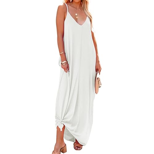 Poetsky Womens Casual Strappy V Neck Sleeveless Flowy Pockets Loose Long Maxi Beach Dress Sundress