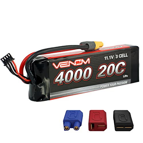 Venom Drive Series 20C 3S - 4000mAh 11.1V LiPo RC Battery - Universal 2.0 Plug, Lithium Polymer 3 Cell - Soft Silicone Connector & Compatible w/ XT60, Traxxas, Deans, EC3, 2WD, 4WD, Truck & Buggies